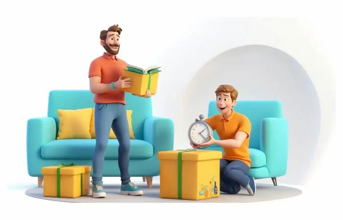 People Packing Boxes for House Moving 3D Cartoon Illustration image